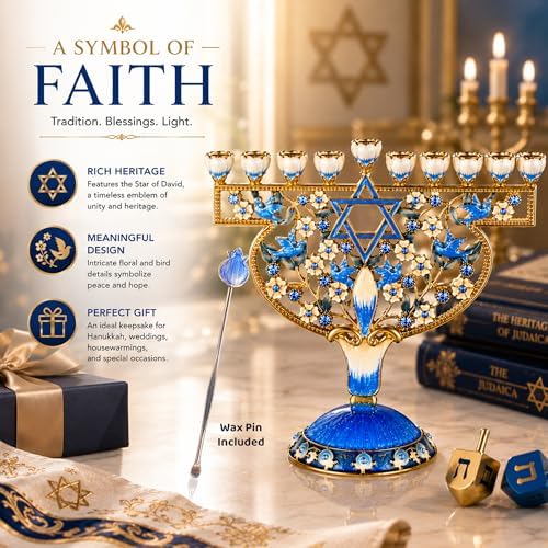 Matashi Hand-Painted Blue & Gold 9-Branch Hanukkah Menorah Candelabra Gift - Image 4