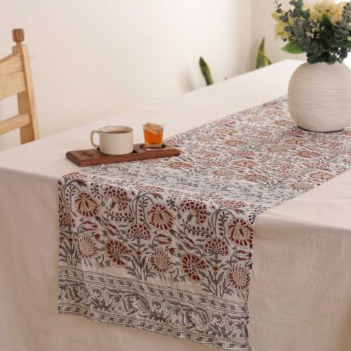 Hand Block Printed Cotton Table Runner, Boho Floral Tabletop Decor, Machine Washable Cotton Runner for Kitchen Tables and Casual Dining Spaces, 16x60 Inches - Red & Grey - Image 2