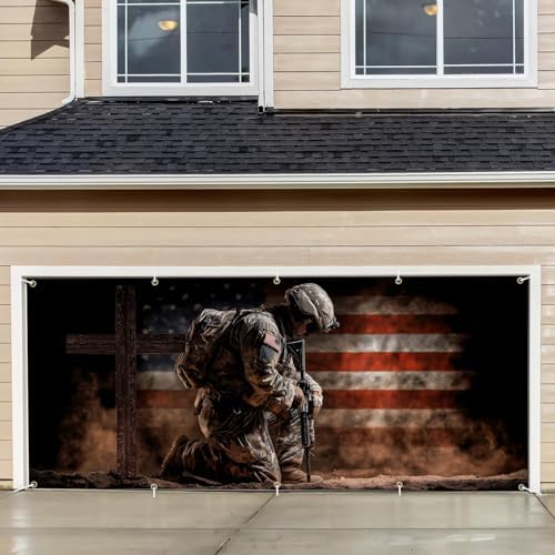 16x7FT Patriotic Garage Door Banner, Ameri-ca Soldier Kneeling with Cross Design, Extra Large Outdoor Garage Door Cover for Memorial Decor and Independence Day by THISFIND