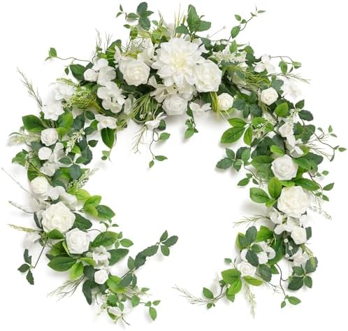 Ling's moment Flower Garland, 6FT Eucalyptus & Rose White & Lily & Olive by LingsMoment