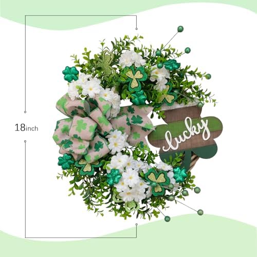 20" St. Patrick’s Day Decorations for Front Door Artificial Green Wreath Lucky Shamrock Board Clover Bow Leaves and Flowers Spring Summer Home Party Outdoor/Indoor Farmhouse Porch Decor - Image 3
