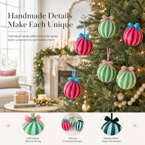Thenshop 6 Pcs Color Stripes Glass Christmas Tree Ornament with Velvet Bow - Image 3