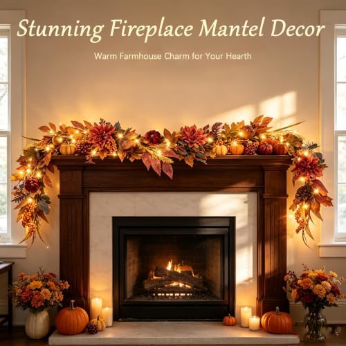 Thanksgiving Harvest Garland 6FT, Dahlia Pumpkin Pomegranate Berries Maple Leaves Grapevine with LED Lights, Fall Farmhouse Mantle Decor and Autumn Fireplace Table Centerpiece - Image 6