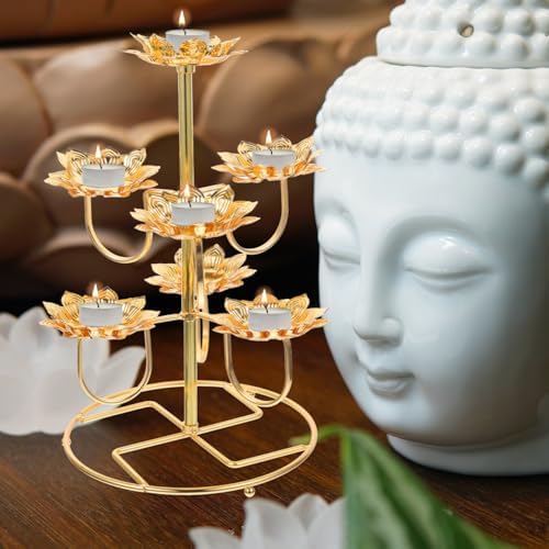Healifty 7-Light Lotus Tealight Candle Holder Gold Metal Lotus Flower Stand - Image 2