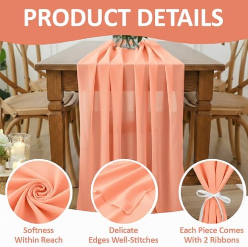 MDS Pack of 5 | Peach | 14ft Chiffon Table Runner 29x170 Inches Long Romantic Rustic Sheer Gauze Runner for Wedding Bridal Shower Birthday Banquets Engagement Spring Easter Boho Decorations - Image 5