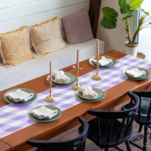 Cupuamon Fabric Checkered Table Runner 12 Pack Waterproof Gingham Table Runner 14W x 108L Buffalo Check Table Runners for Parties Kitchen Dining Wedding Banquet (Lavender and White) - Image 7