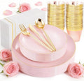 MirthMood 350PCS Pink Plastic Plates with Gold Rim,Plastic Dinnerware Set by LUODA