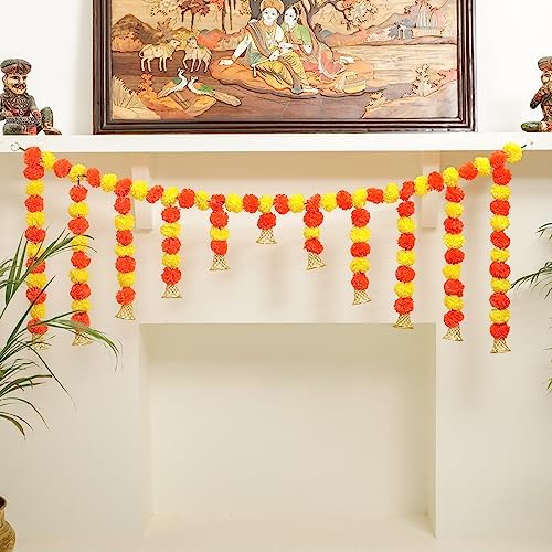 5 Ft Marigold Door Hanging Toran Yellow Orange - Indian Thorans - Atificial Flower Garland for Pooja Mandir, Door, Diwali Decoration Toran - Indian Housewarming Décor, Bandhanwar (Pack of 1) by DesiFavors
