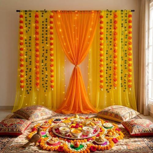Irenare Indian Pooja Backdrop Ganesh Decoration, Yellow and Orange, Indian - Image 4