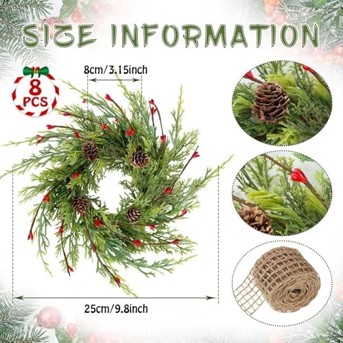 8 Pcs 9 Inch Christmas Wreaths for Kitchen Cabinet Artificial Cedar Pine Hanging Wreath with Red Berries Pine Needles for Front Door Xmas Swag Wreaths for Christmas Winter Farmhouse Home Decorations - Image 3