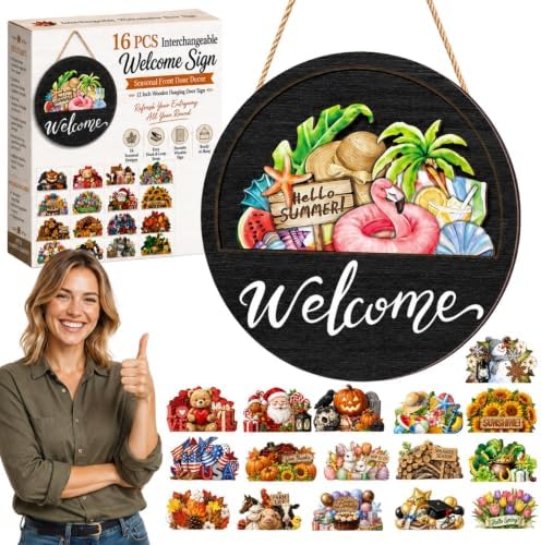 16PCS Interchangeable Welcome Sign for Front Door,Season Wreath Home Decor by Unknown