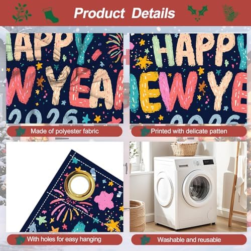 Happy New Year 2026 Garage Door Banner 7x16FT, Colorful Fireworks Garage Door Cover, Large Outdoor New Year Decoration Backdrop for Garage Doors, Fence, Yard, Holiday Party - Image 3