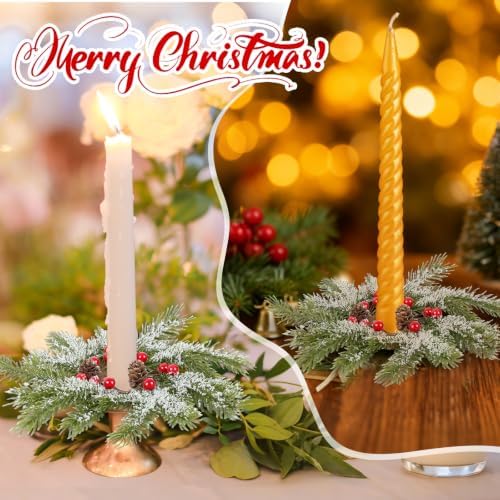 8 PCS Christmas Pine Taper Candle Rings Wreaths 1.38" Mini Snowy Pine Taper Candle Holder Wreaths Candle Rings with Berry Pinecones for Xmas Winter Church Home Table Centerpiece Candlesticks Decor - Image 6