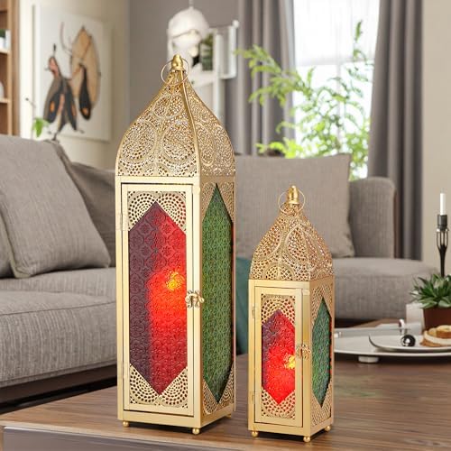 TRIROCKS Set of 2 Moroccan Candle Lanterns 23''&15.5'' H Decorative Candle Holder Hanging Lanterns with Embossed Colored Tempered Glass Ramadan Decorations for Home Outdoor Indoor Patio Weddings(Gold) - Image 7