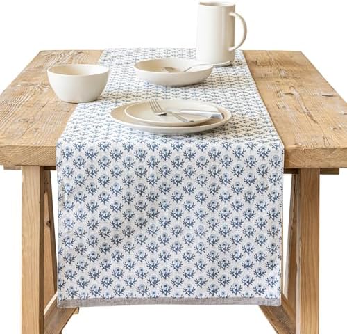 Over&Back 18x108 Hand-Blocked Printed Cotton Table Runner - Washable Table Runners for a Custom Home Decor Tablescape - Perfect for Coffee Table, Dinner Table, Living Room, and More - Blue Bloom by overback