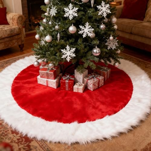 36 Inch Christmas Tree Skirt Holiday Part Decorations for Christmas Tree, Xmas Tree Decorations Red and White Plush Tree Shirt for Holiday Party Ornament Rustic Farmhouse Decorations - Image 3