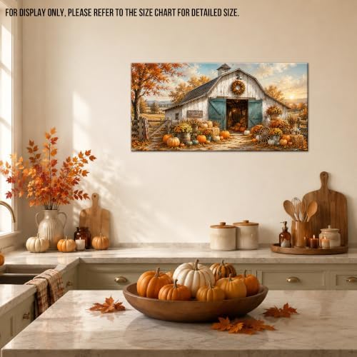 WAXWHELK Fall Farmhouse Canvas Wall Art, Rustic Farmhouse Barn Pumpkin Autumn Thanksgiving Painting Pictures Artwork for Bedroom Living Room Home Decor (24"x47") - Image 3