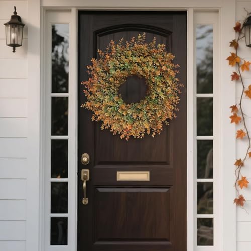 26" Large Fake Eucalyptus Fall Wreath for Front Door Decor(Orange-Green) - Image 4