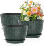 Meowell 12/10/9 inch Large Plant Pots, 3 Pack Wide Flower Pots for Outdoor Indoor Plants, Water Ripples Plastic Planters with Drainage Holes and Saucers for Garden House, Black with Green Speckles by Meowell