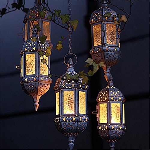 2PCS Moroccan Hanging Decorative Candle Lantern Holder Metal Tealight Candlestick Holder Glass Indoor Outdoor Candle Holder Courtyard Hanging Decoration (Vintage White) - Image 4