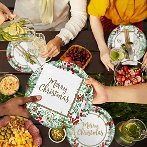 Christmas Party Supplies, Serve 50, Christmas Seasonal Holly Tableware Includes: Paper Dinner Plates, Dessert Plates, Luncheon Napkins and Beverage napkins, Great for Party Decorations - Image 5