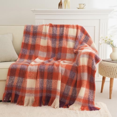 Fall Orange Plaid Throw Blanket for Couch, Mohair Tartan Blanket 50"x60" - Image 3