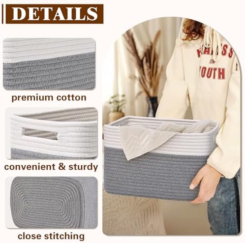 Storage Baskets for Organizing, 4 Pack Baskets for Shelves, Decorative Storage Bins for Shelves, Cotton Rope Storage Basket with Handles, Woven Basket for Storage, 13''Lx8.7''Wx7.9''H, White & Gray - Image 5