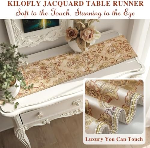 kilofly Elegant Floral Brocade Jacquard Table Runner Tassels (60 x 12 inches) - Image 5