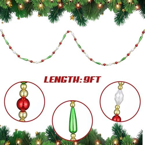 Jutom 6 Pcs Christmas Beaded Garland 54 ft Christmas Tree Beaded Decorations Garland Bead Red Green White for Xmas Indoor Outdoor Porch Home Garden Mantel Fireplace Holiday Party Decor - Image 3