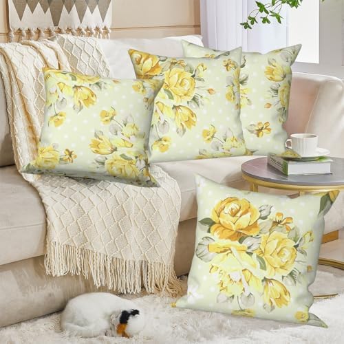 Light Yellow Flower Throw Pillow Covers 24"x24" Set of 4, Countryside Floral Sofa Cushion Cover for Chair Couch Bed Living Room Office Car Garden Patio Farmhouse Indoor Outdoor Decorative - Image 4