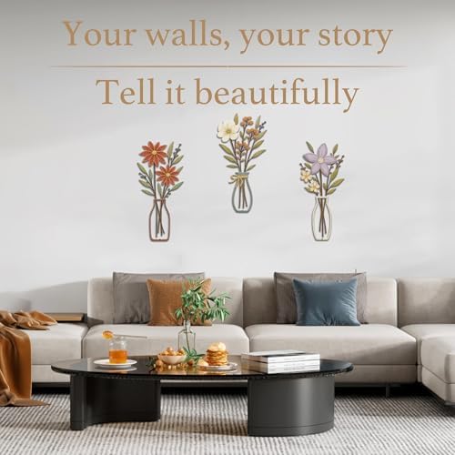 3 Piece Metal Flower Wall Art for Bedroom Living Room Rustic Farmhouse Floral Wall Decor for Bathroom Dining Room Boho Home Decorations Modern Minimalism Walls Hanging Sculptures(Red Purple) - Image 2