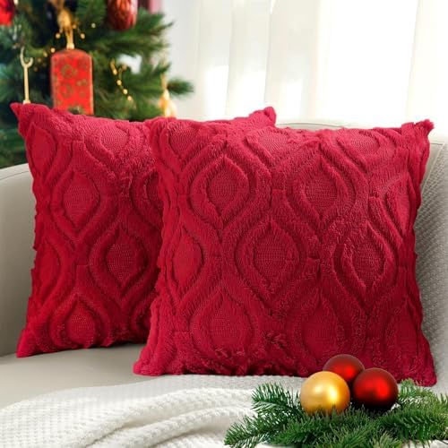decorUhome Faux Fur Plush Soft Red Throw Pillow Covers 24x24 Set of 2 by decorUhome