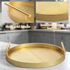 2 Piece Golden Round Serving Tray with Handles, Woven-Texture Faux Leather Ottoman Tray for Living Room, Decorative Tray for Coffee Table Home Decor - Image 4