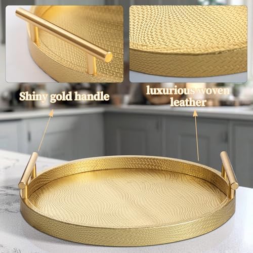 2 Piece Golden Round Serving Tray with Handles, Woven-Texture Faux Leather Ottoman Tray for Living Room, Decorative Tray for Coffee Table Home Decor - Image 4