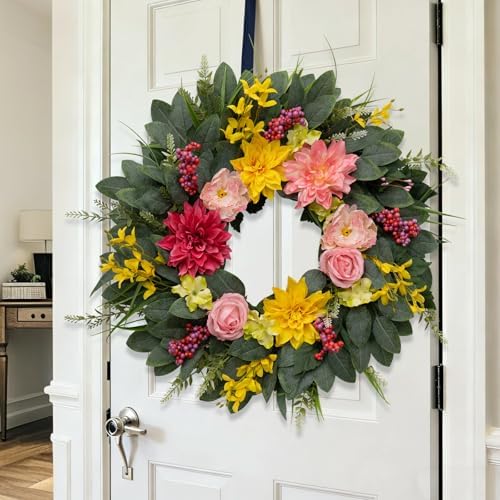 Spring Summer Eucalyptus Wreaths for Front Door Outside 24Inch Door Yellow Daisy Wreath with Sunflower Peony Dahlia Green Leaves for All Season Indoor Outdoor Home Farmhouse Porch Wall Window Decor - Image 6