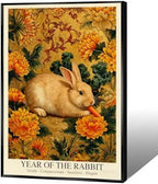 Elegant Chinese Lunar Year of the Rabbit Art Print – Golden Chrysanthemum Zodiac Wall Decor Luxe Oriental Home Decor for Bathroom Living Room Office and More 12X18 in Wrapped Framed by Unknown
