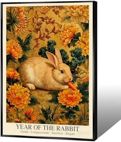Elegant Chinese Lunar Year of the Rabbit Art Print – Golden Chrysanthemum Zodiac Wall Decor Luxe Oriental Home Decor for Bathroom Living Room Office and More 12X18 in Wrapped Framed by Unknown