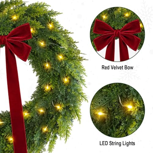 Christmas Decorations, 22 Inch Pre-Lit Christmas Wreath with Red Velvet Bow - Image 3