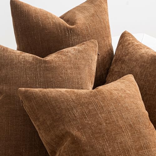MIULEE Pack of 4 Fall Decorative Throw Pillow Covers 18x18 Inch Chenille Textured Throw Pillows Boho Farmhouse Rustic Cushion Covers Vintage Home Decor for Couch Sofa Bed Living Room，Camel - Image 4