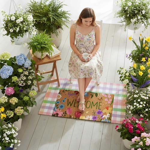 Moucuny 2 Pcs Spring Coir Mat Outdoor, Flower Welcome Doormat - Image 5