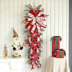 Soomeir 36 Inch Pre-Lit Christmas Teardrop Swag, Winter Holiday Swags Wreaths with Red Velvet Glitter Stripe Ribbon, Artificial Red Berries for Front Door, Wall Window Fireplace Artificial Decor - Image 2