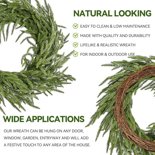 ENVEN 24" Norfolk Pine Wreath for Front Door, Real Touch Norfolk Pine Wreath Artificial Green Wreath Greenery Realistic Wreath Holiday Decoration for Home Decor - Image 5