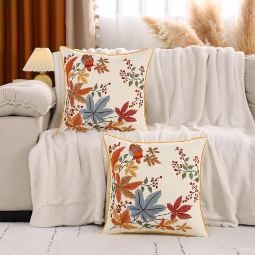 Fall Embroidered Throw Pillow Covers 20x20 Pack of 2 Vintage Birds - Image 4