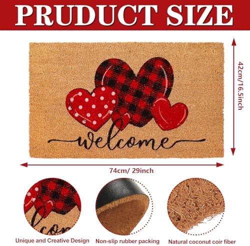 Whaline Valentine' s Day Doormat Natural Coir Welcome Floor Mat Plaid Dot Love Heart Rectangle Entrance Door Rug for Indoor Outdoor Home Bathroom Decor, 16.5 x 29 Inch - Image 3