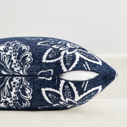 Set of 2 Chenille Floral Pillow Covers 20x20 Inch Navy Blue - Image 7