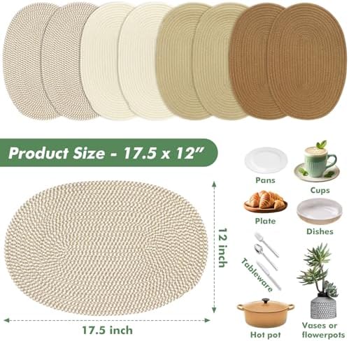 Oval Woven Placemats Set of 8 Heat Resistant Placemats 17.5 x 12 Inches Farmhouse Cotton Rope Place Mats for Dining Tables Trivets for Hot Dishes, Mixed Brown - Image 3