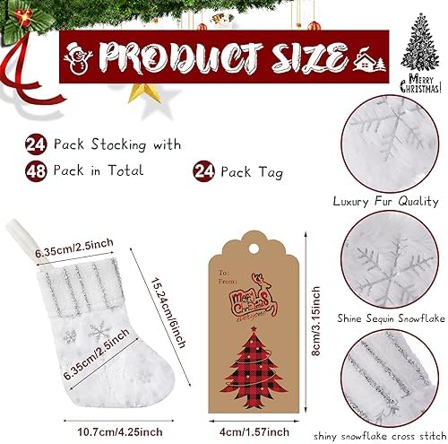 24 Set Mini White Snowflake Christmas Stockings with Gift Tags Bells - Image 2