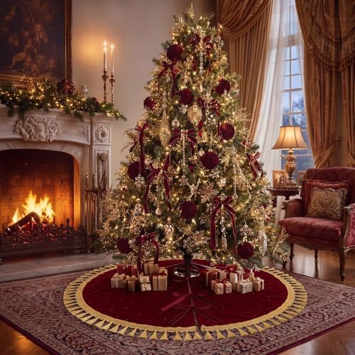 Roowest 48 Inch Burgundy Christmas Tree Skirt Velvet, Round - Image 4