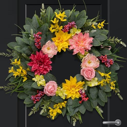 Spring Summer Eucalyptus Wreaths for Front Door Outside 24Inch Door Yellow Daisy Wreath with Sunflower Peony Dahlia Green Leaves for All Season Indoor Outdoor Home Farmhouse Porch Wall Window Decor - Image 5