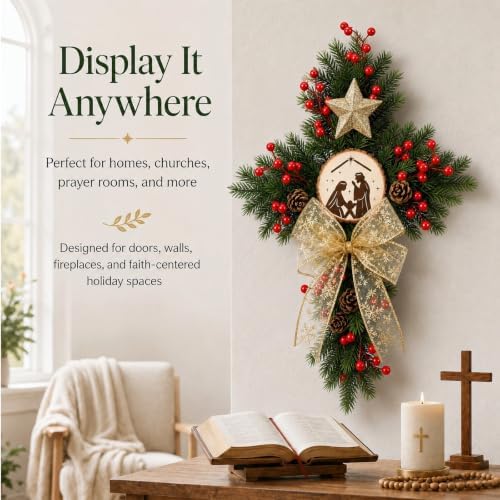 Riceshoot Christmas Nativity Cross Wreath with Gold Organza Bow and Star - Image 6